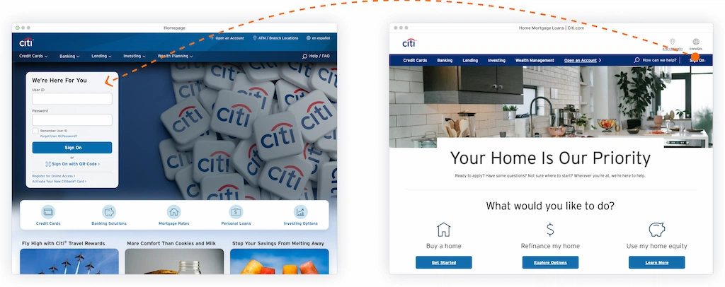 Homepage and inner site pages. Arrow on Sign on link from inner site page pointing back to the homepage