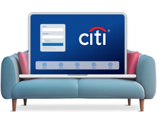 Illustration of couch with a computer laptop featuring the Citibank login module