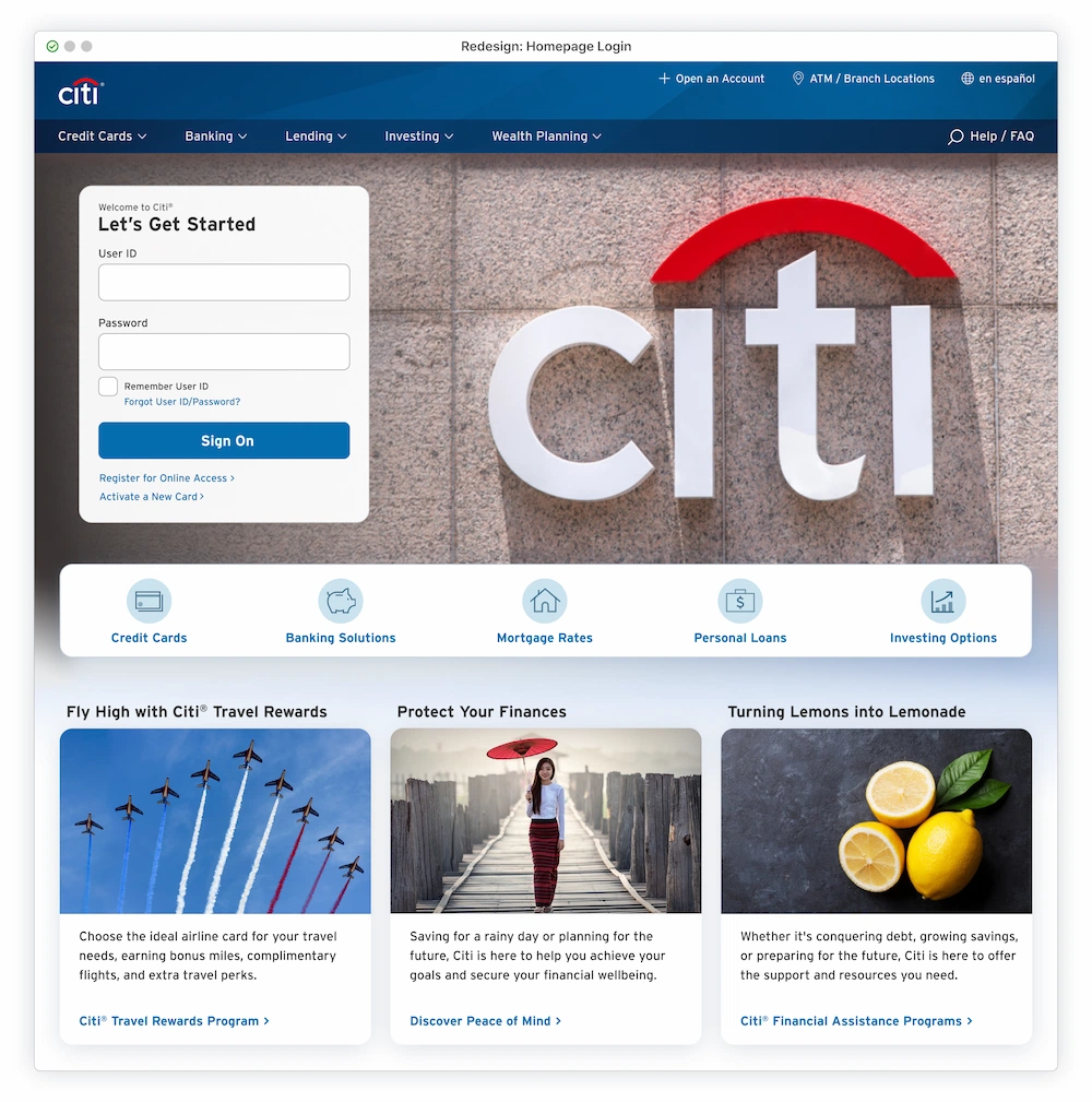Homepage redesign with Sign-On module on the left side of the hero section with a big Citi logo photo close-up from a building