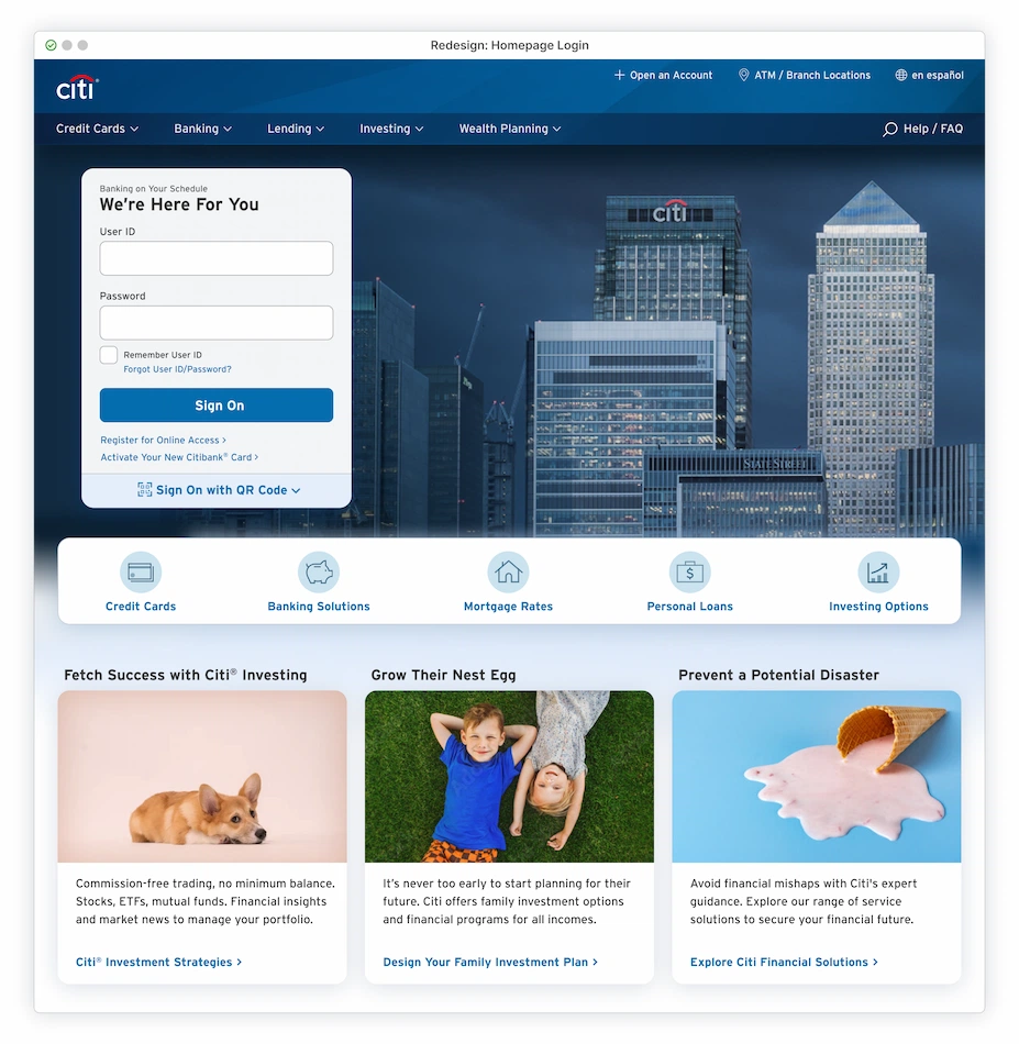 Homepage redesign with Sign-On module on the left side with a hero image of a city landscape with a building showcasing the citibank logo at night
