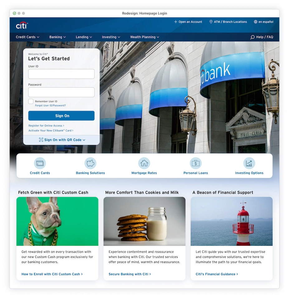 Homepage redesign with Sign-On module on the left side. Hero image of a building with citibank logo awning during the day