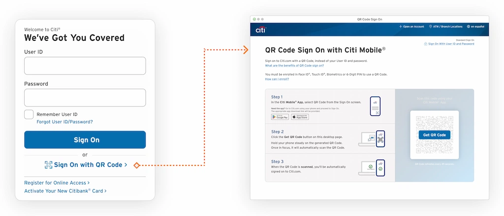 Singular module on the left with arrow from 'Sign On With QR Code' link pointing to the full QR Code page