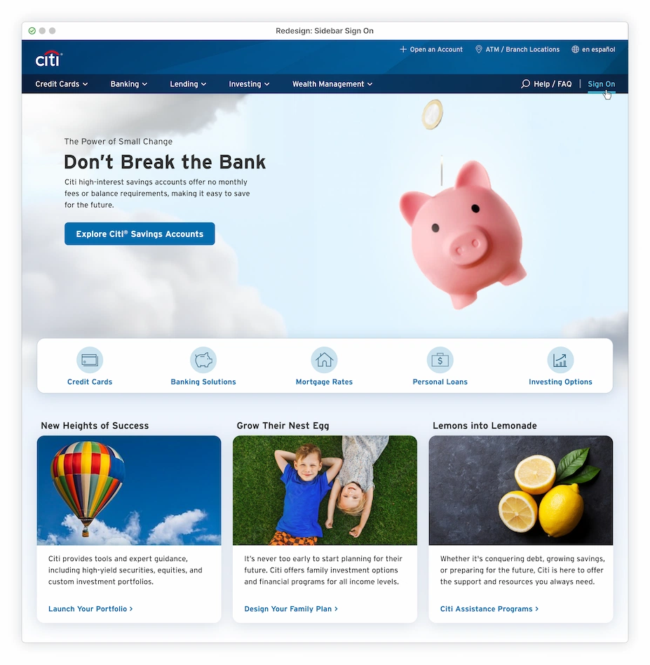 Hero featuring piggy bank falling from sky with cursor hovering over the Sign On in the header