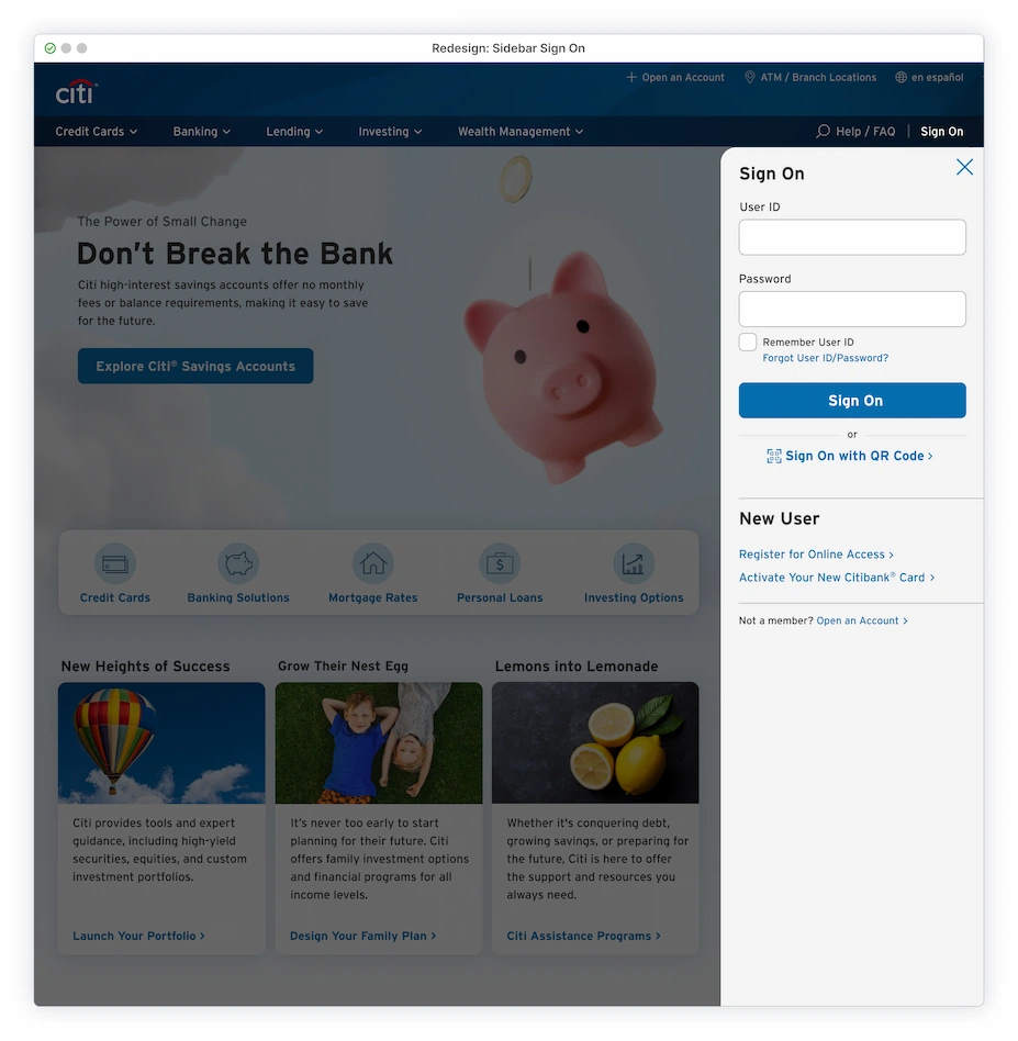 Same page but after Sign On clicked, revealing a long sidebar on the right, containing Sign On fields and other user information