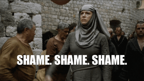 Animated Gif from Games of Thrones  of woman walking through streets, ringing bell with ‘SHAME, SHAME, SHAME’ copy.