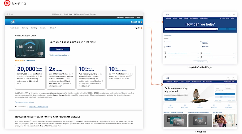 Inner page where its navigation points to a full search page and Sign-On heads back to the homepage