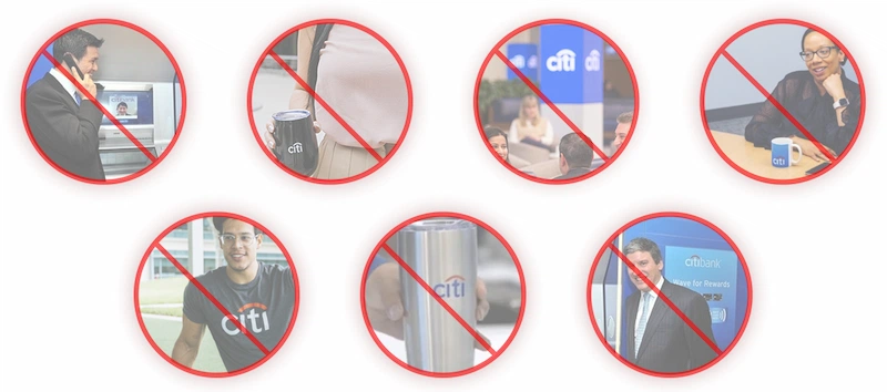 Seven photographs with red Xs and each featuring a citi logo somewhere in the image.