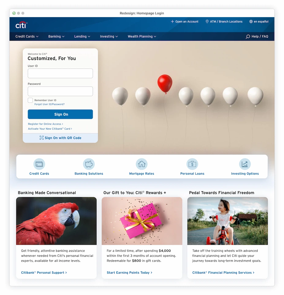 Homepage redesign with Sign-On module, featuring minimalist background with white balloons in a row with one singular red balloon slightly higher