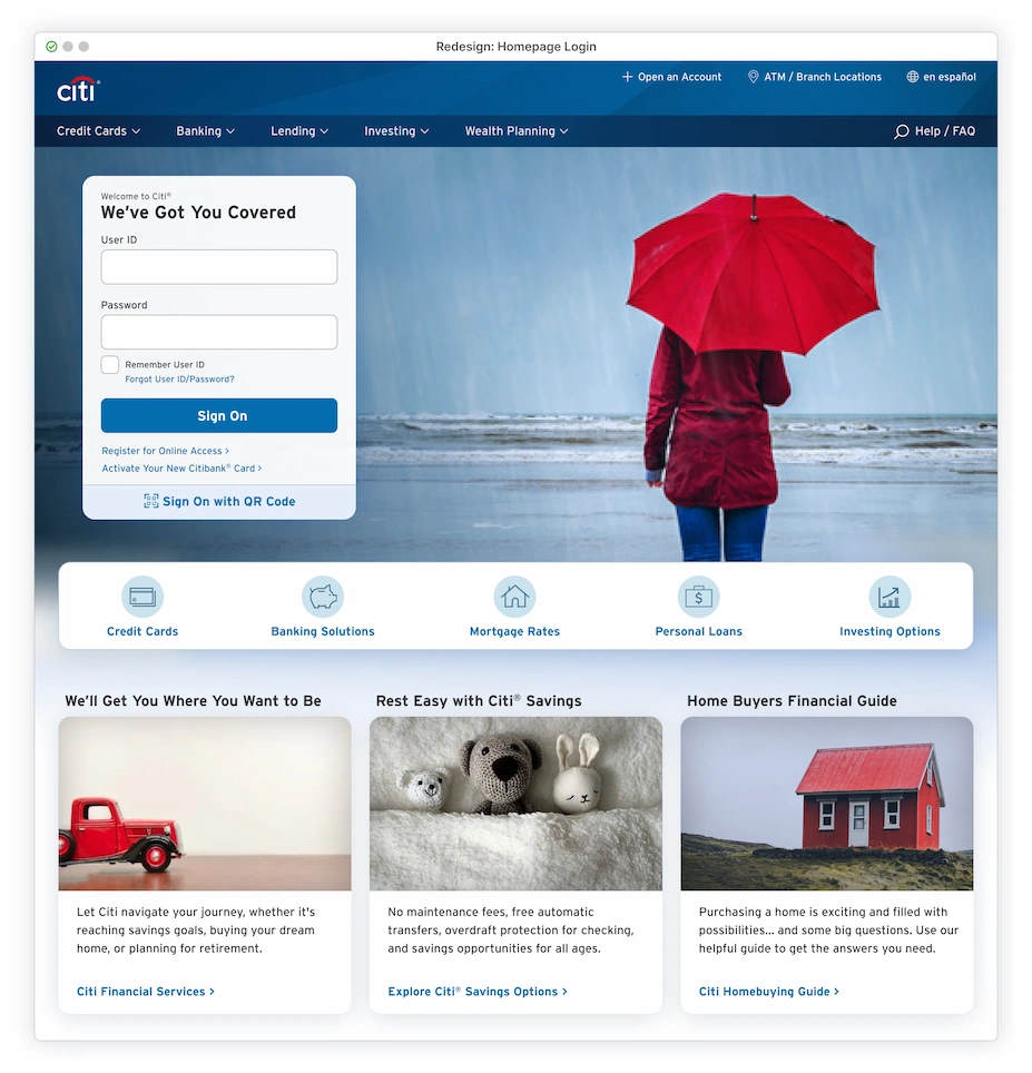 Homepage redesign with Sign-On module reading 'We've Got You Covered' with person looking out to the water while under a red umbrella