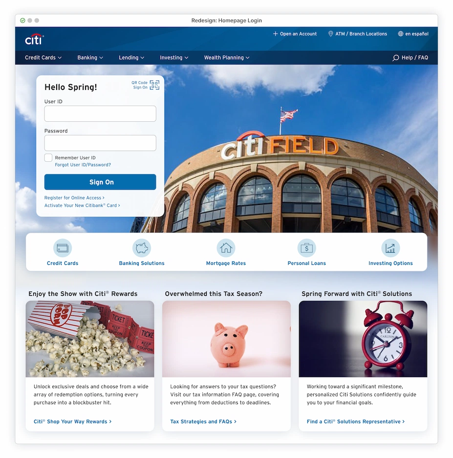 Homepage redesign with Sign-On module, featuring hero image of Citifield entrance