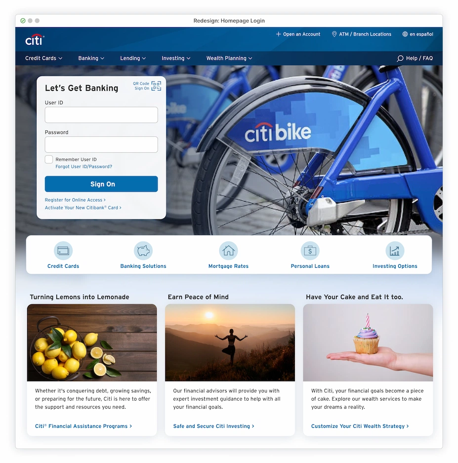 Homepage redesign with Sign-On module, featuring close-up of a parked citibike