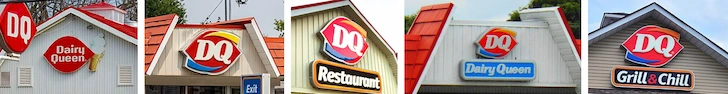 Five examples of Dairy Queen locations each using a different logo.