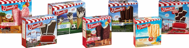 Friendly's novelty ice cream packaging showing seven boxes where ice cream bars and cones are personified in oddball human scenarios like playing soccer and lounging at the beach, with missing chunks and melting details, illustrating lazy product personification that lacks brand identity and relies on generic Krunch names.
