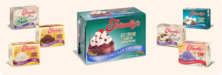 Collection of seven Friendly's cartons and special flavors in different colors including green, yellow and off white. Includes smooth churned, Ice cream sensations and no sugar added.