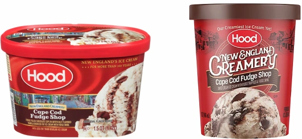 Two Hood New England Creamery Cape Cod Fudge Shop ice cream tubs side-by-side - left tub shows older packaging with red lid and clear view of swirled ice cream, right tub shows newer red packaging with illustrated design and scoop of chocolate and vanilla swirl ice cream.