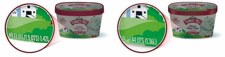 Old and new Turkey Hill cartons. Zoomed in showing the quantities of each carton