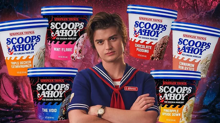 Promotional image for Stranger Things Scoops Ahoy Ice Cream Parlor Walmart exclusive line showing six 16 ounce pint flavors: Triple Decker Extravaganza, Mint Flare, Chocolate Pudding, Cinnamon Bun Bytes, The Void, Pineapple Upside Down. With Steve Harrington character in blue sailor uniform with red neckerchief and Steve name tag, against 80s neon portal background