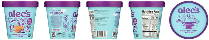 Four views plus lid of Alec's Honey Blueberry Lavender organic A2 ice cream 14 oz pint with purple lid and light blue wrap featuring hand-drawn purple illustrations, Honey Blueberry Lavender flavor text, organic and A2 badges, nutrition facts, and lid with lavender bouquet bowl