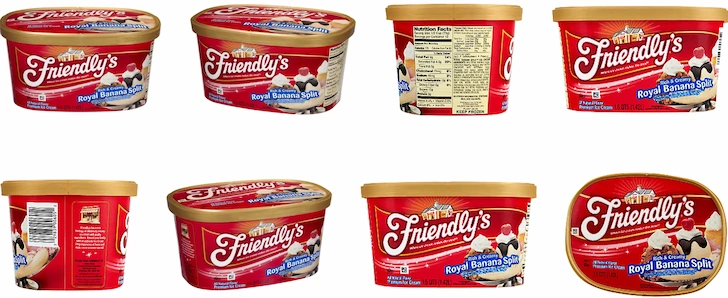 Eight different angles of Friendly's Royal Banana Split in the classic illustration carton design.