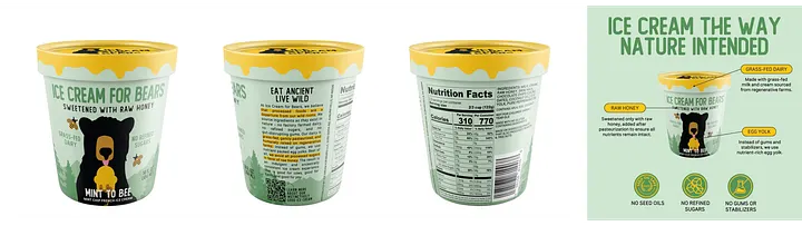 Cylindrical pint packaging example Ice Cream For Bears using uninterrupted 360 degree surface for flavor storytelling with continuous graphics that wrap smoothly without breaks or distortion