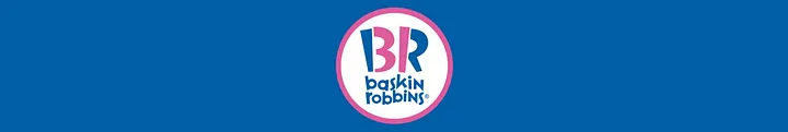 Blue rectangular banner with Baskin Robbins circular logo featuring pink and blue BR monogram with 31 inside and baskin robbins wordmark in blue lowercase