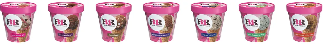 Baskin Robbins grocery pint lineup playing it safe with basics: Love Potion #31, Chocolate Fudge, Rocky Road, World Class Chocolate, Cookies 'n Cream, Mint Chocolate Chip, and Peanut Butter 'n Chocolate.
