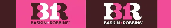 Side-by-side comparison of two modern Baskin-Robbins BR logo lockups — left with brown and pink BR on hot pink background with brown bars, right with white and pink BR on dark brown background with pink bar — showing current pink and brown brand color variations.