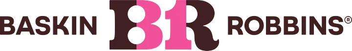 Horizontal Baskin-Robbins logo lockup with BASKIN on left and ROBBINS on right in dark brown serif text and large stylized BR monogram in center — brown B and pink R forming the number 31 — current modern branding on white background.