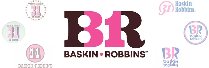 Logo collage showing the evolution of Baskin-Robbins branding centered on the current BR mark — large brown B and pink R with BASKIN • ROBBINS in black underneath — surrounded by six smaller historic variations in pink, brown, and pastel, including circular 31 and script versions.