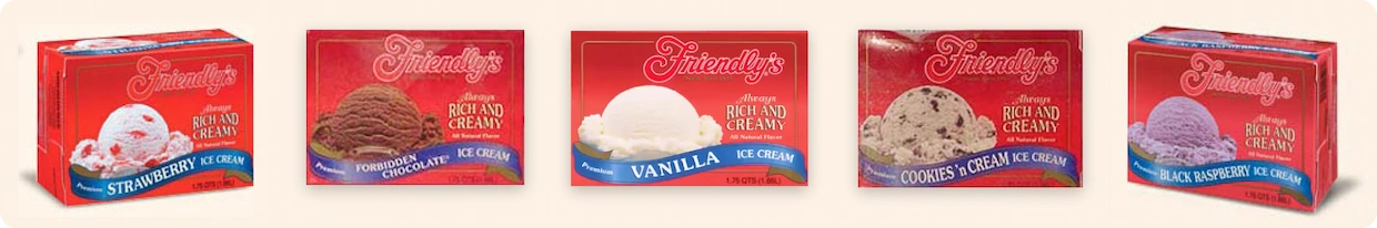 Five basic flavors of Friendly's in the red brick cartons in a row.