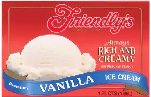 Red square carton with Friendlys lettering in red and outlined with white stroke with yellow copy saying 'always rich and creamy' and a blue banner at the bottom with a vanilla ice cream scoop on the left side.
