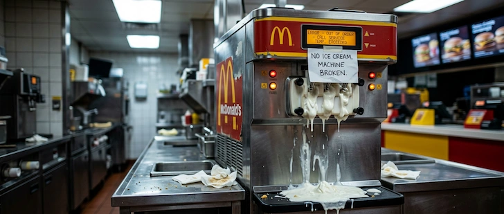A dramatic, photorealistic fast-food ice cream machine with a mess of ice cream dripping down the front with a sign taped above it in caps saying 'NO ICE CREAM. MACHINE BROKEN.'