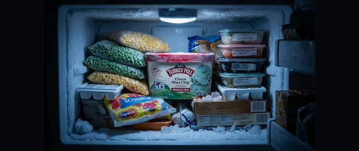 Dark interior of a packed freezer with a new Turkey Hill carton in the middle of various frozen leftovers stacked around it.