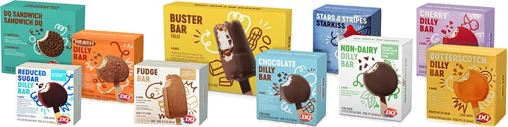 Dairy Queen ice cream treats product lineup showing eight boxes including Reduced Sugar Dilly Bar, Heath Dilly Bar, Fudge Bar, DQ Sandwich, Buster Bar, Stars and Stripes StarKiss, Chocolate Dilly Bar, Non Dairy Dilly Bar, Cherry Dilly Bar, and Butterscotch Dilly Bar arranged on white background.