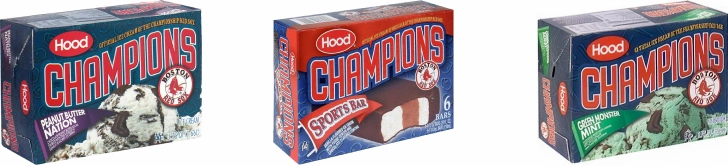 Three boxes of Hood Champions ice cream bars side-by-side: Peanut Butter Nation on the left, Sports Bar in the middle, and Green Monster Mint on the right.
