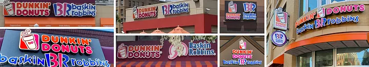 Collage of seven co-branded Dunkin' Donuts and Baskin-Robbins storefronts, showing various eras of signage pairings, orange Dunkin' wordmarks with pink BR 31 logos, coffee cup icons, and combined channel letters on brick, stucco, and awning facades.