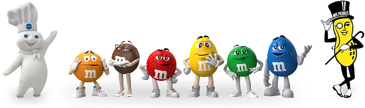 The Pillsbury Doughboy waving on the left, followed by six M&M's characters in orange, brown, red, yellow, green, and blue standing in a row, and Mr. Peanut in a top hat with a cane on the right.