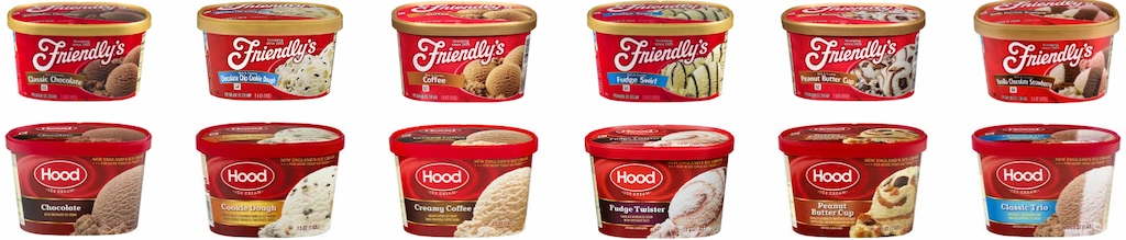 Side by side comparison of Friendly's and Hood ice cream cartons from the same timeframe showing identical packaging structure with logo and flavor title anchored on left, scoop photography on right, layered over red textured backgrounds with gold lids, gold trim, and gradient heavy labeling, showing Chocolate, Cookie Dough, Coffee, Fudge Swirl, Peanut Butter Cup, and Trio flavors.