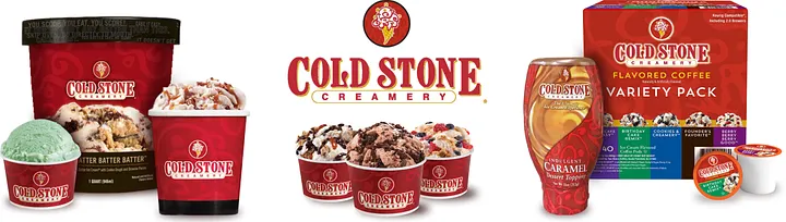 Assorted Cold Stone Creamery products including red tubs and single-serve cups of ice cream on the left, the Cold Stone Creamery logo with three sundae cups in the center, and a Cold Stone flavored coffee variety pack with k-cups and a caramel can on the right.