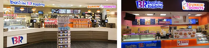 Side-by-side interior photos of two co-branded Baskin-Robbins and Dunkin' Donuts stores showing the combined counter, with dual BR and Dunkin' Donuts signage above and on the counter front