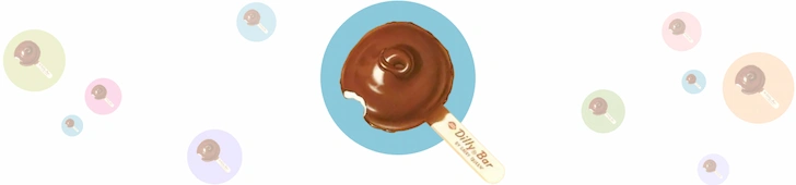 Dairy Queen chocolate covered Dilly Bar ice cream pop with a bite taken out revealing vanilla ice cream inside on a blue circle, surrounded by small pastel circles with mini Dilly Bar icons on white background.