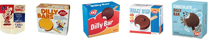 Five Dairy Queen Dilly Bar packages arranged chronologically left to right, showing packaging design evolution from the 1950s to the present.
