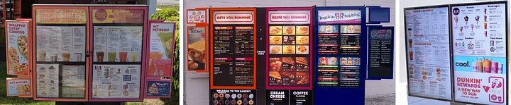 Three photos of outdoor drive-thru menu boards at co-branded Dunkin' and Baskin-Robbins locations. The left board shows Dunkin' drinks and food, the middle shows a combined Dunkin' food and coffee menu next to a Baskin-Robbins ice cream menu with the Keeps You Running slogan, and the right board shows a larger combined menu with a Cool Dunkin' drinks promo and Dunkin Rewards ad on the bottom. All have the orange and pink Dunkin' BR branding.