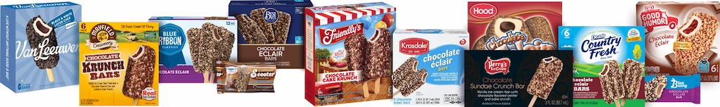 Twelve different eclair bars from various ice cream brands