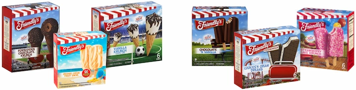 Six different Friendly novelties: Pre-packaged ice cream cones, ice cream bars and ice cream sandwiches.