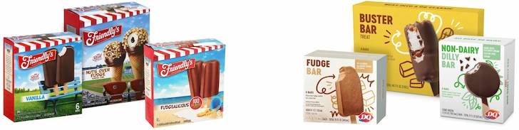 Comparison of Friendly's ice cream bars on the left with Vanilla, Nuts Over Caramel cone, and Fudgsicle boxes versus Dairy Queen bars on the right with Buster Bar, Fudge Bar, and Non Dairy Dilly Bar boxes displayed on white background.