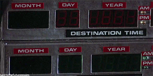 Back to the Future time circuit display showing Nov 05 1955 and Oct 26 1985.