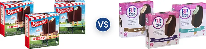 Three Friendly's ice cream bar boxes on the left: Coffee, Chocolate 'N Vanilla, and Mint, each showing chocolate-coated bars on a park bench background. Centered VS graphic before three BR Baskin-Robbins ice cream bar boxes on the right: Jamoca, World Class Chocolate, and Mint