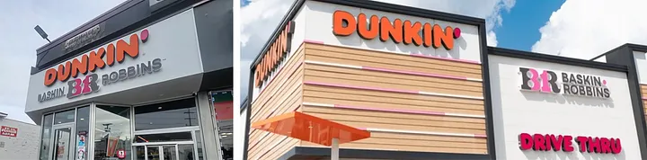 Side-by-side of two modern co-branded stores: left shows angled gray storefront with orange DUNKIN' and black/pink BASKIN BR ROBBINS sign above glass doors, right shows white and wood-slat building with large orange DUNKIN' on tower and BR BASKIN ROBBINS with pink DRIVE THRU sign below, under bright blue sky.