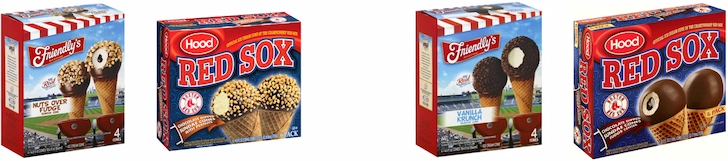 Side by side of Friendly's Nutty Over Caramel and Vanilla Sundae Cones boxes showing two cones perched in baseball stadium bleachers overlooking empty field next to Hood Red Sox Vanilla cones with Fenway park and official Boston Red Sox logo.